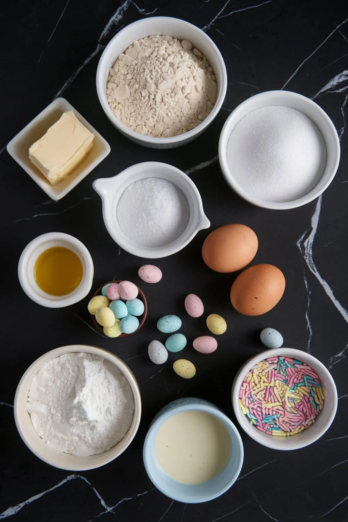 Ingredients for gluten-free Easter cupcakes arranged on a dark marble surface. Bowls contain gluten-free flour, sugar, butter, eggs, vanilla extract, pastel candy eggs, colorful sprinkles, and baking powder. The organized layout shows all components needed for festive cupcakes.