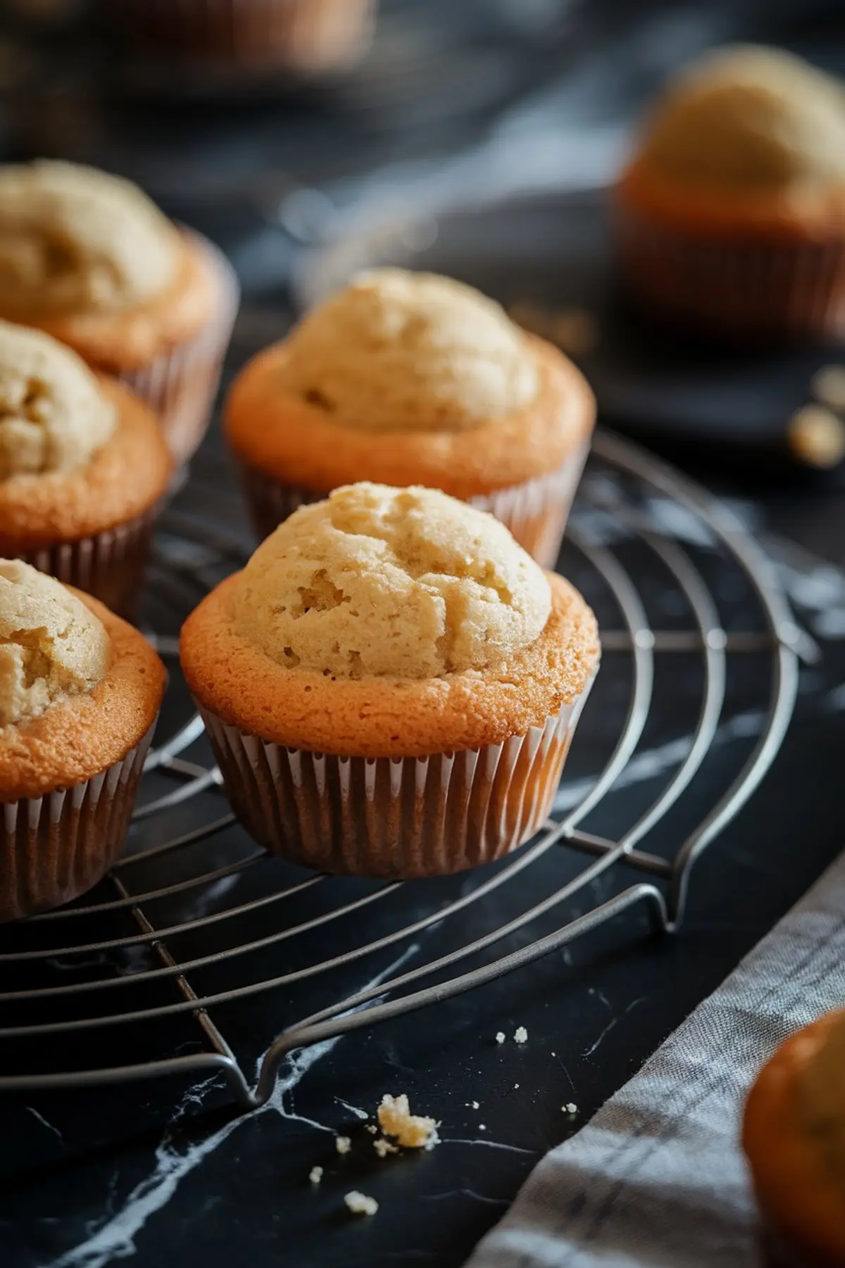 Freshly baked gluten-free cupcakes cooling on a wire rack. The cupcakes have golden, domed tops with a light, airy texture. The background features a dark marble surface, enhancing the contrast with the warm, golden cupcakes.