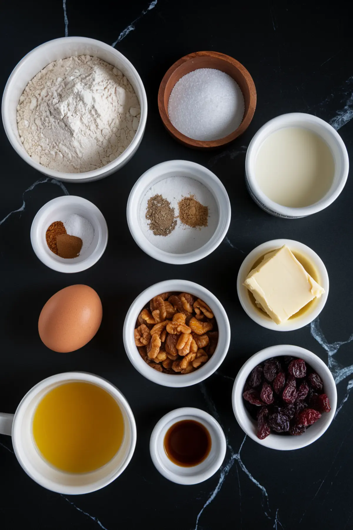 A flat lay of hot cross bun ingredients on a dark marble countertop, including flour, sugar, milk, an egg, butter, spices, pecans, dried cherries, vanilla extract, and melted butter. The ingredients are arranged in small bowls, ready for baking.
