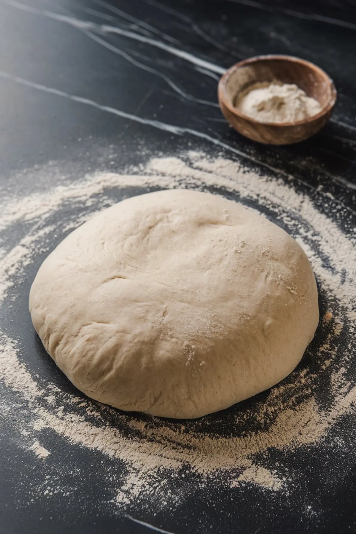 A round ball of dough on a floured black marble surface, ready for kneading and shaping. A wooden bowl of flour is in the background, set for making hot cross buns.