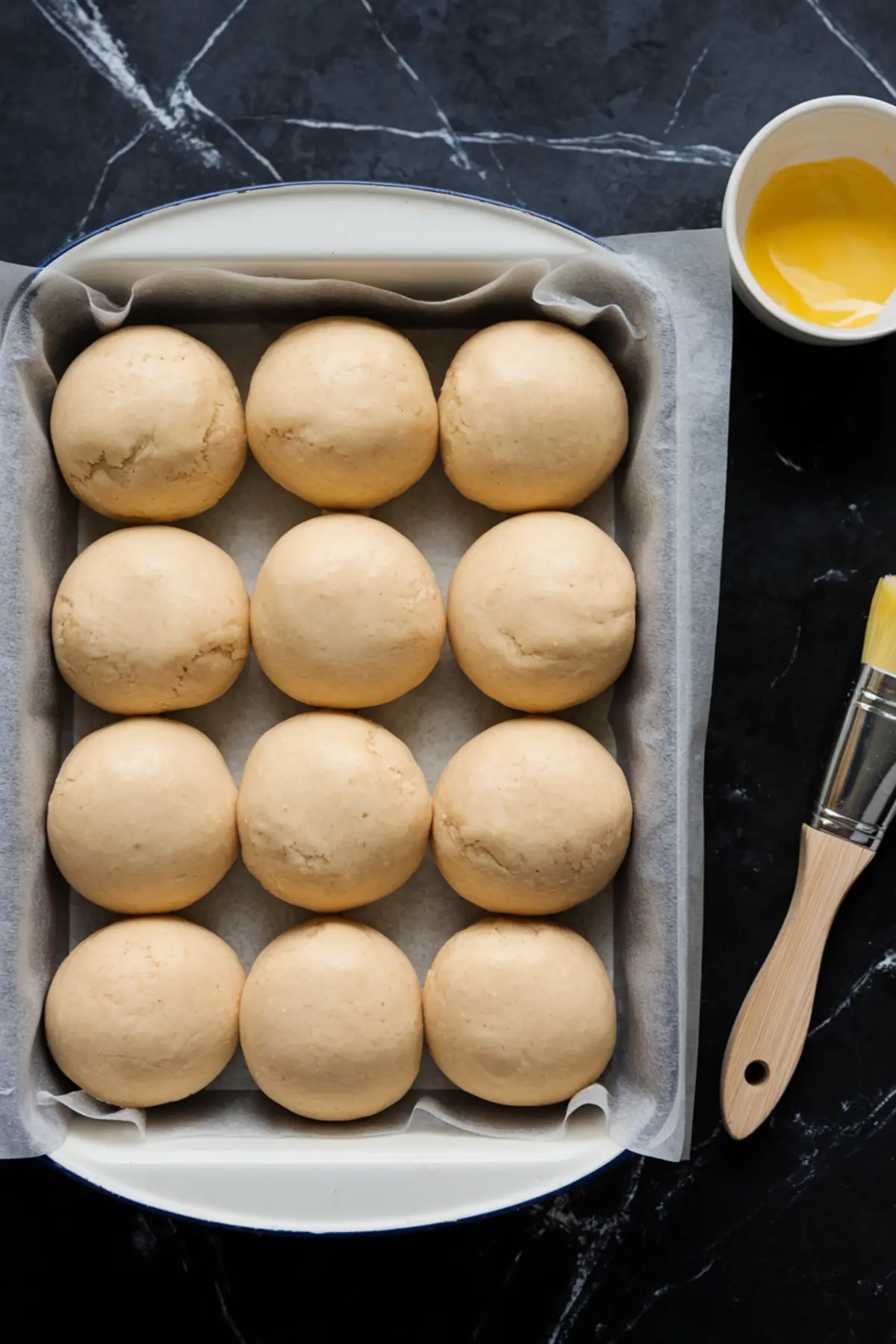 A baking tray lined with parchment paper holds 12 smooth, round dough balls, evenly spaced. A pastry brush and bowl of egg wash sit nearby, prepared for glazing before baking.