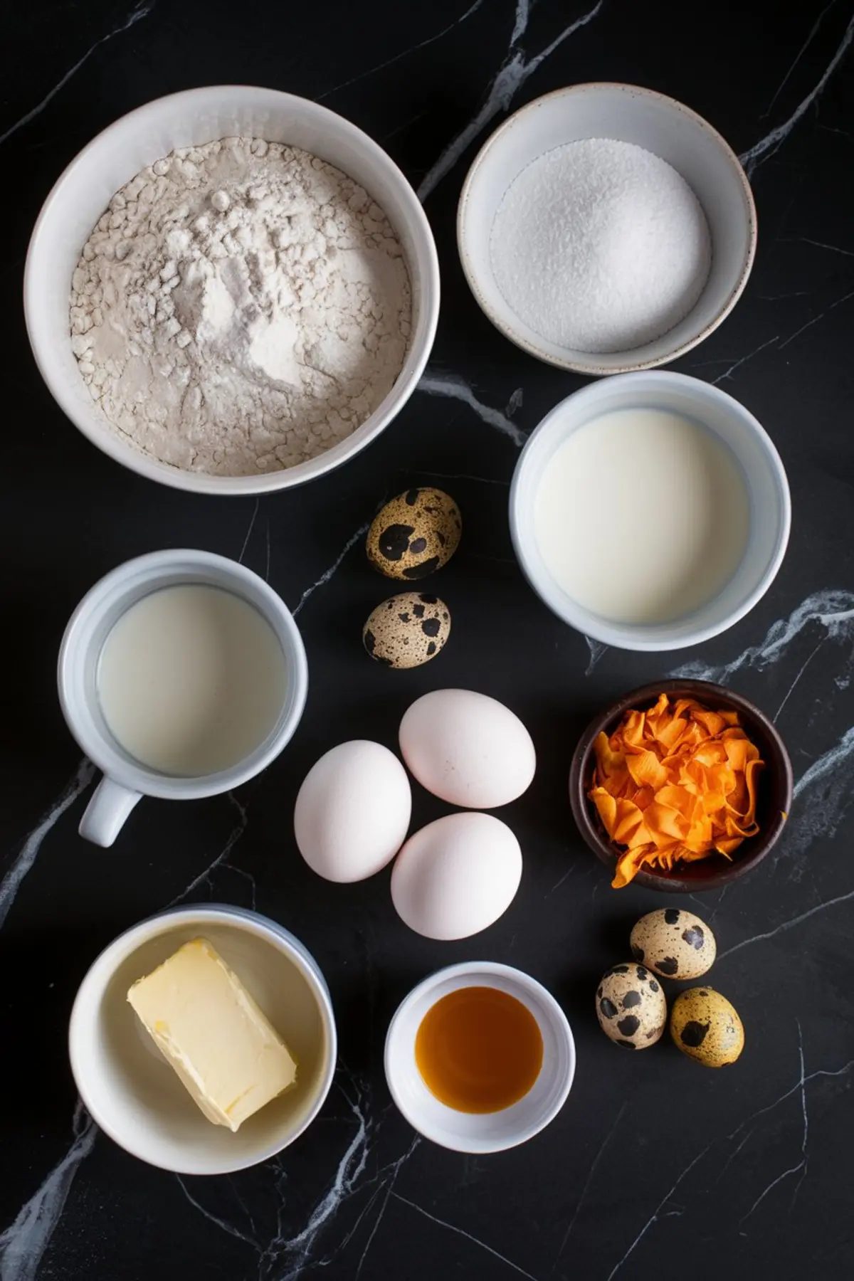 Assorted baking ingredients on a black marble surface, including flour, sugar, milk, eggs, butter, vanilla extract, and dried orange peel. Quail eggs and chicken eggs are also present.