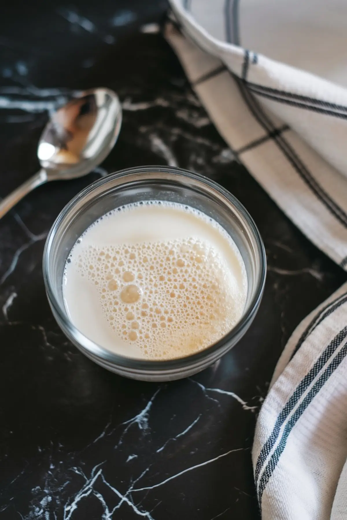 Glass bowl filled with frothy milk on a black marble countertop, accompanied by a silver spoon and a white kitchen towel with navy stripes.
