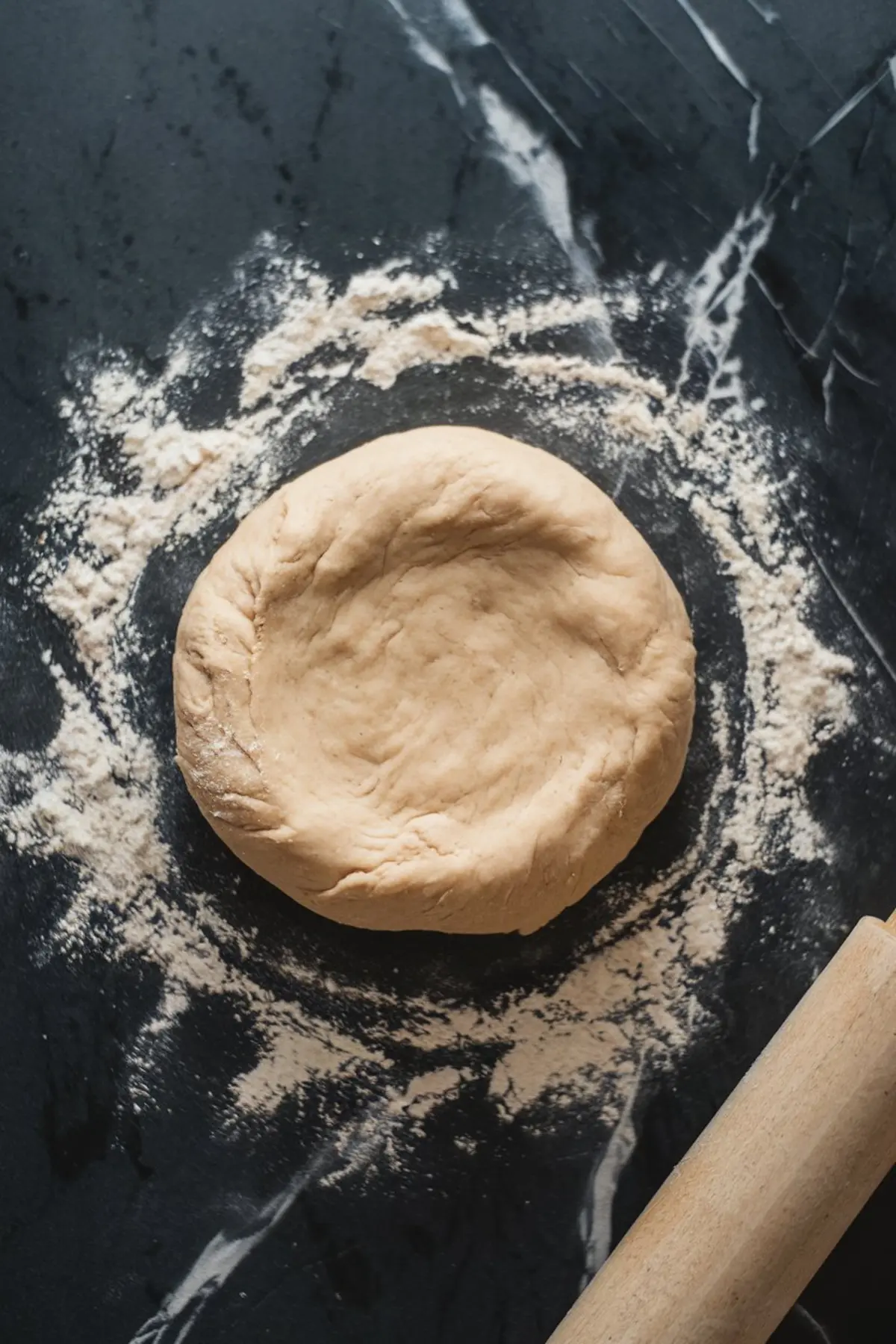 Round ball of dough on a floured black marble countertop with a wooden rolling pin nearby.