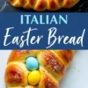 Collage of two images showcasing a golden-brown braided Italian Easter bread decorated with vibrant pastel eggs and multicolored sprinkles, displayed on a white serving plate.