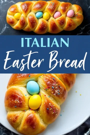 Collage of two images showcasing a golden-brown braided Italian Easter bread decorated with vibrant pastel eggs and multicolored sprinkles, displayed on a white serving plate.