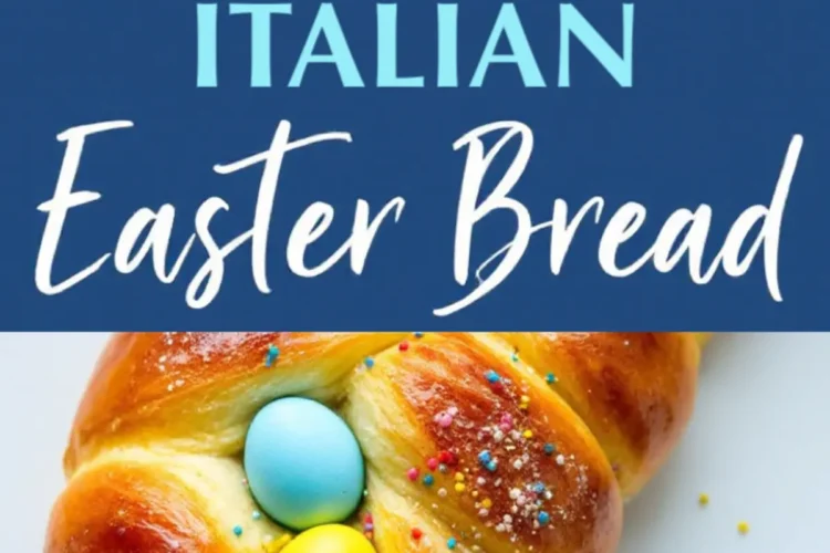 Collage of two images showcasing a golden-brown braided Italian Easter bread decorated with vibrant pastel eggs and multicolored sprinkles, displayed on a white serving plate.