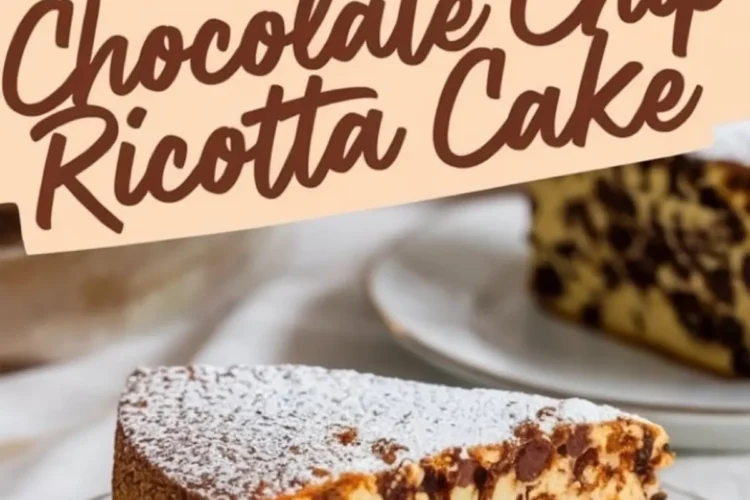 A close-up of a slice of chocolate chip ricotta cake with a golden crust and a soft, creamy interior packed with chocolate chips. Powdered sugar lightly coats the top. In the background, the whole cake and another plated slice are slightly blurred. A text overlay in stylish script reads “Italian Chocolate Chip Ricotta Cake.”