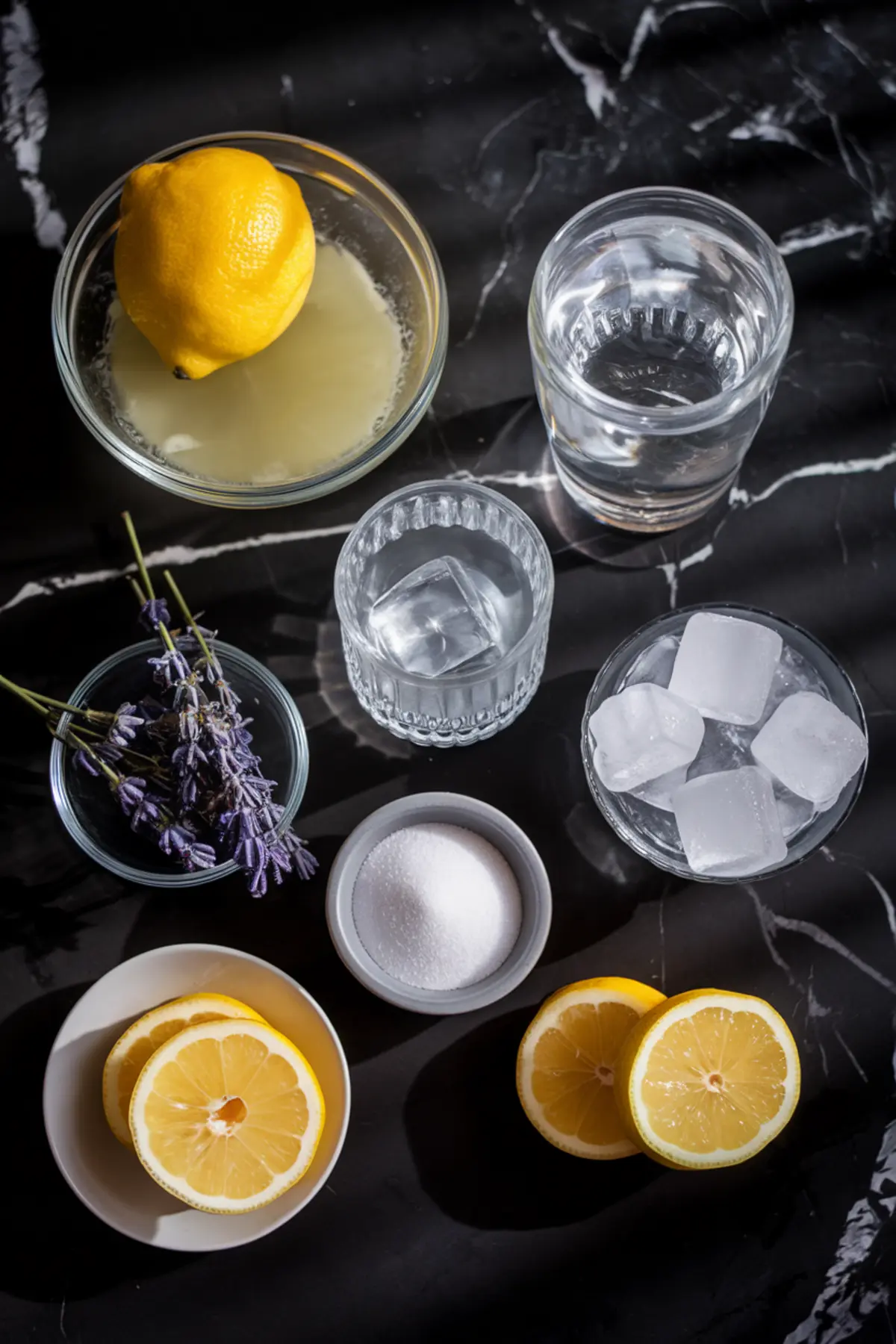 Flat lay of lavender lemon spritz ingredients, including fresh lemons, lemon juice, dried lavender, sugar, ice cubes, and water arranged on a black marble surface.