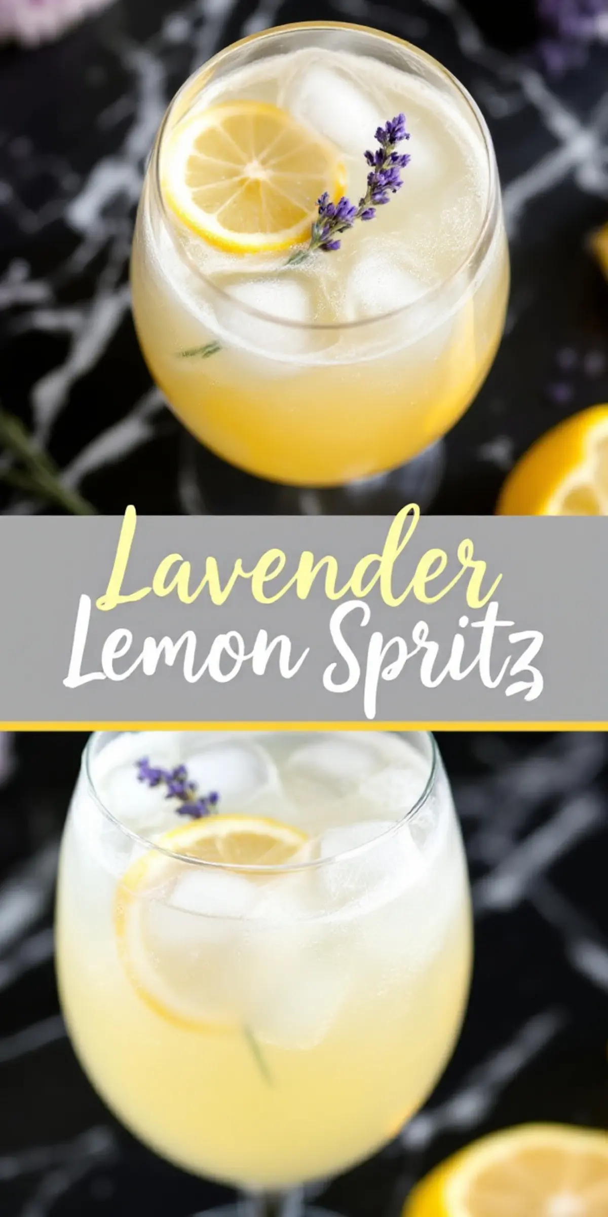 Collage of two views of a lavender lemon spritz cocktail with lemon slices, ice cubes, and a sprig of lavender garnish, displayed with the text “Lavender Lemon Spritz” on a grey banner.