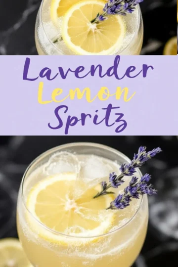 Collage of two views of a lavender lemon spritz cocktail garnished with lemon slices and lavender sprigs, featuring the text “Lavender Lemon Spritz” on a light purple banner.