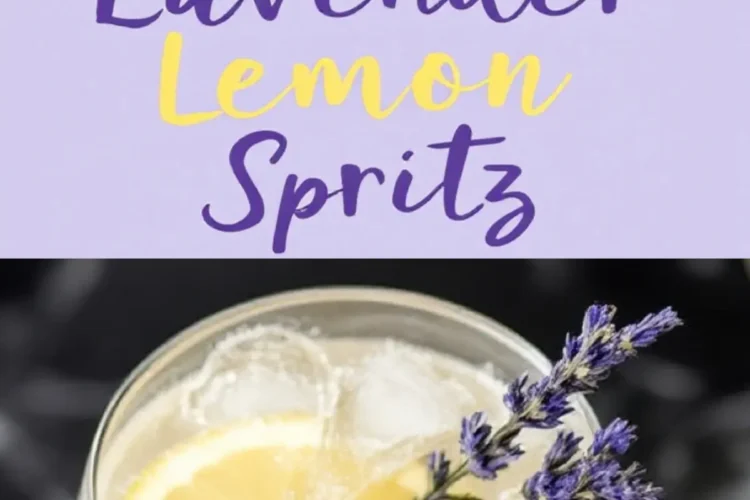 Collage of two views of a lavender lemon spritz cocktail garnished with lemon slices and lavender sprigs, featuring the text “Lavender Lemon Spritz” on a light purple banner.