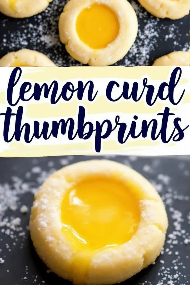 Collage of lemon curd thumbprint cookies, featuring a close-up of the soft, buttery cookies with a vibrant lemon filling. The cookies are dusted with powdered sugar and placed on a dark serving platter. The text “Lemon Curd Thumbprint Cookies” is styled in bold, blue and yellow lettering.