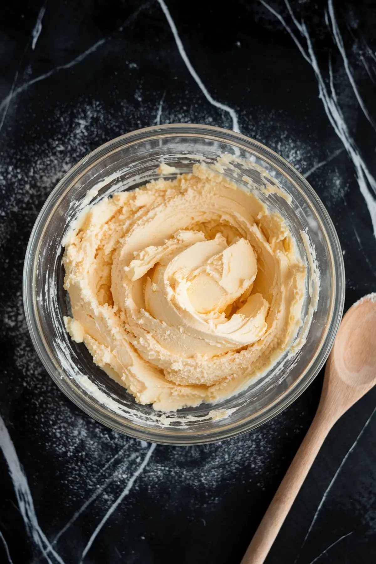 Overhead view of a glass mixing bowl filled with creamed butter and sugar. The smooth, whipped mixture has a light, airy texture. A wooden spoon rests beside the bowl on a dark marble countertop dusted with flour.