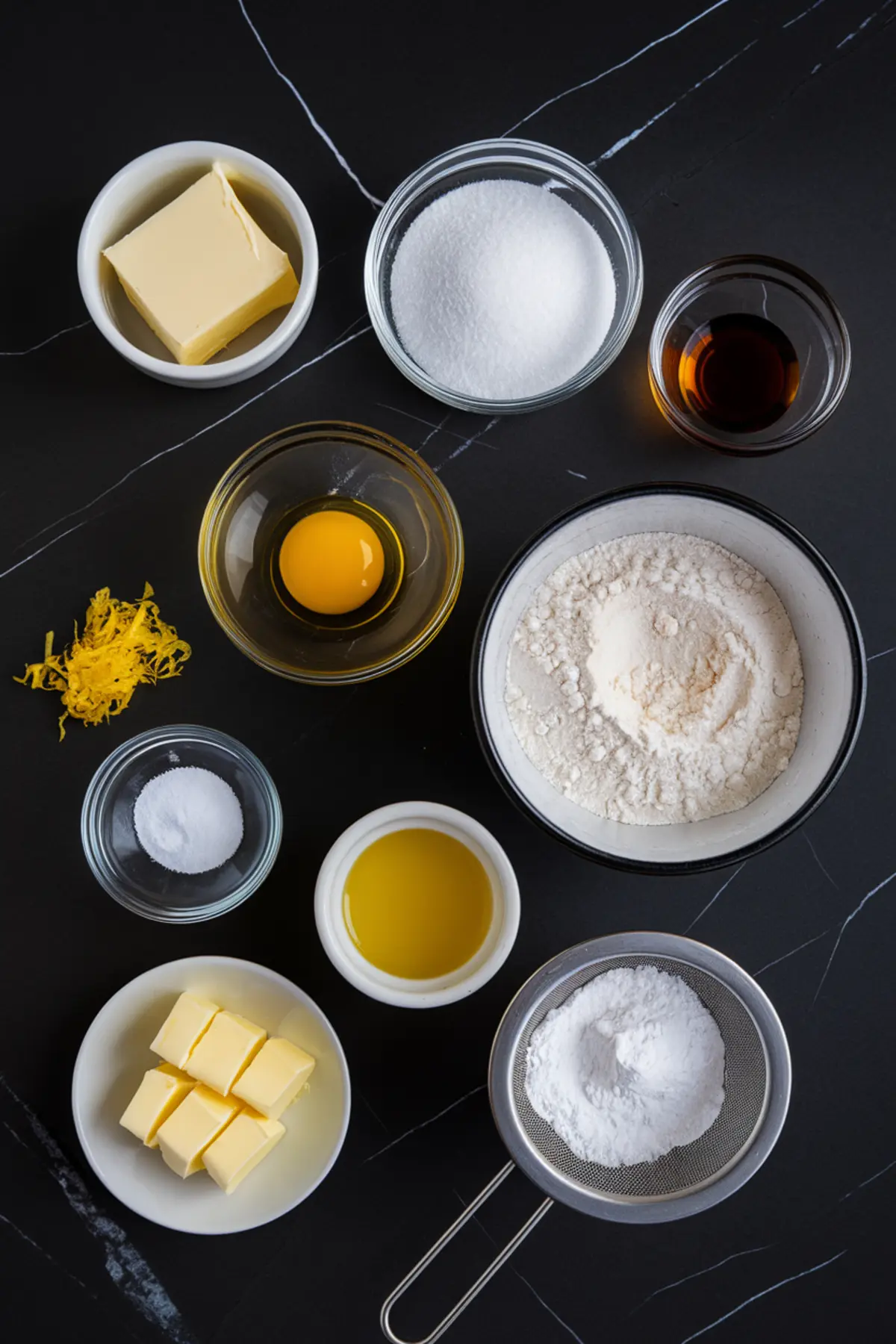 Flat lay of baking ingredients arranged on a dark marble countertop. The ingredients include flour, butter, sugar, vanilla extract, lemon zest, an egg, salt, powdered sugar, and oil, all in individual bowls, with a sieve for sifting.
