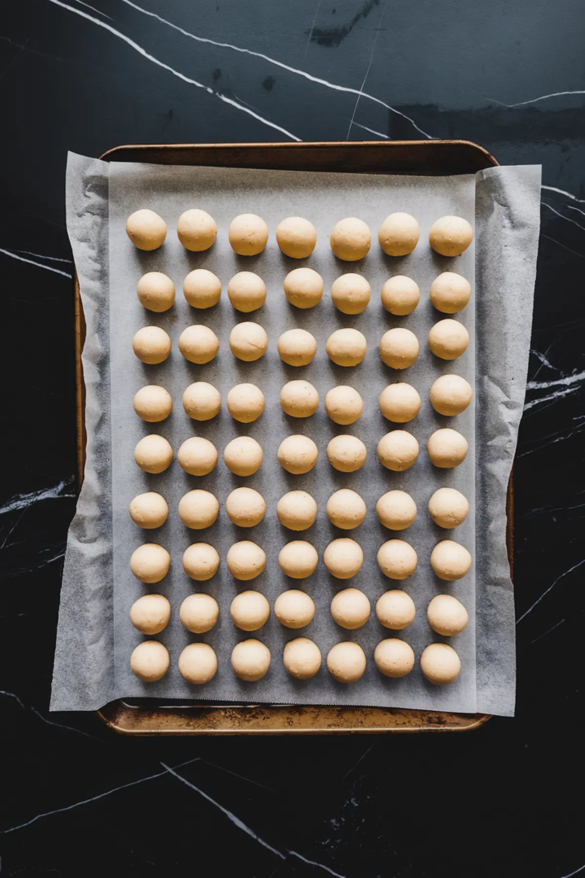Overhead view of a parchment-lined baking tray filled with uniform dough balls. The neatly arranged dough spheres are prepared for baking, sitting on a rustic, golden-brown sheet pan against a black marble surface.