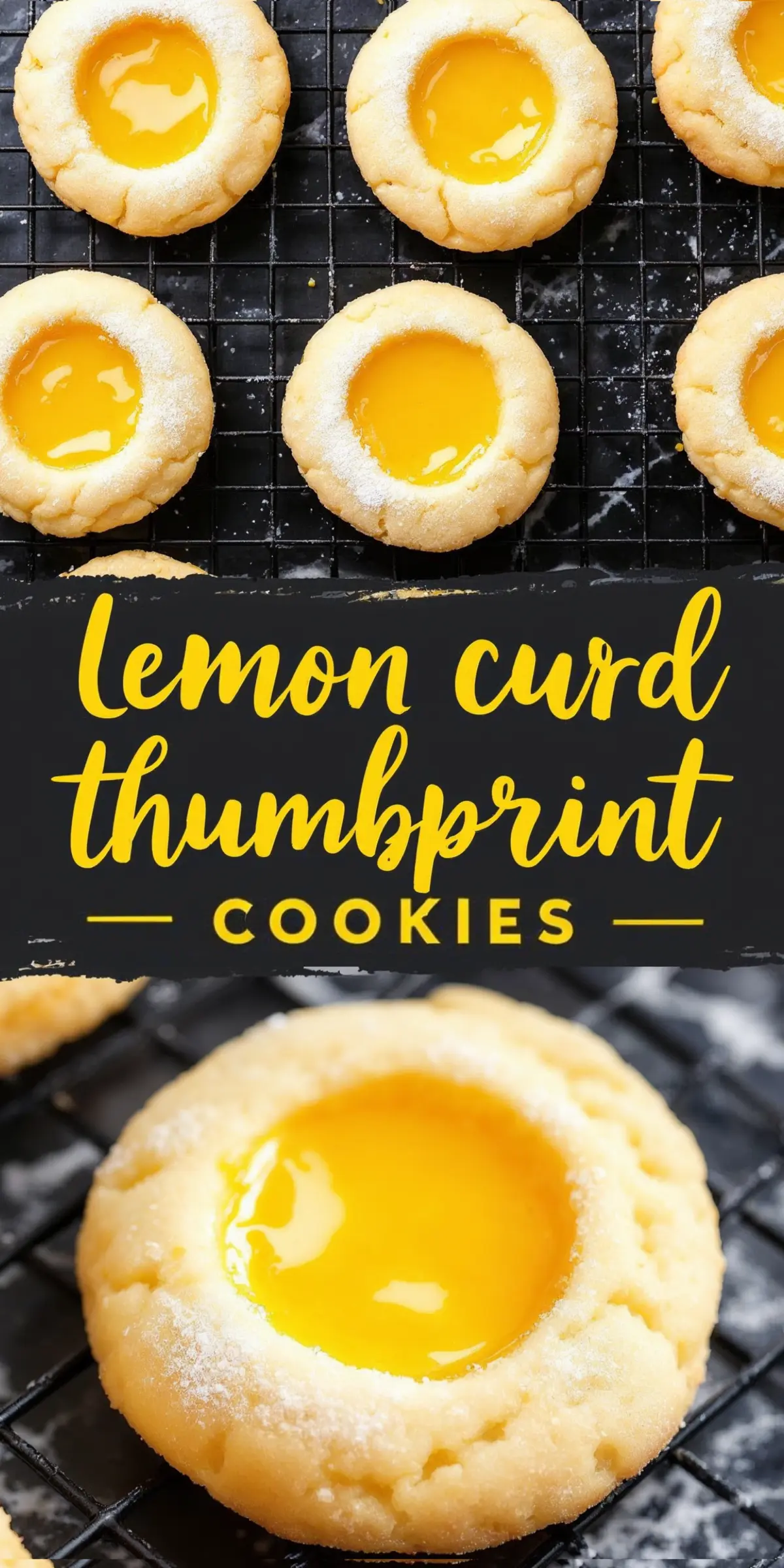 Collage of lemon curd thumbprint cookies with a golden, buttery base and glossy lemon curd centers. The cookies are arranged on a black wire rack, with powdered sugar dusted over them. Bold yellow text reads “Lemon Curd Thumbprint Cookies.”