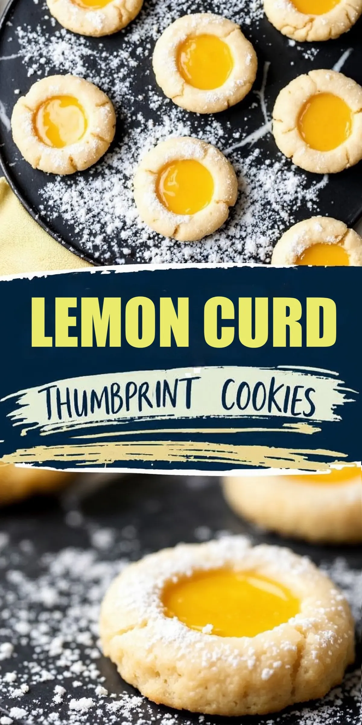 Collage of lemon curd thumbprint cookies, featuring a close-up of the soft, buttery cookies with a vibrant lemon filling. The cookies are dusted with powdered sugar and placed on a dark serving platter. The text “Lemon Curd Thumbprint Cookies” is styled in bold, blue and yellow lettering.