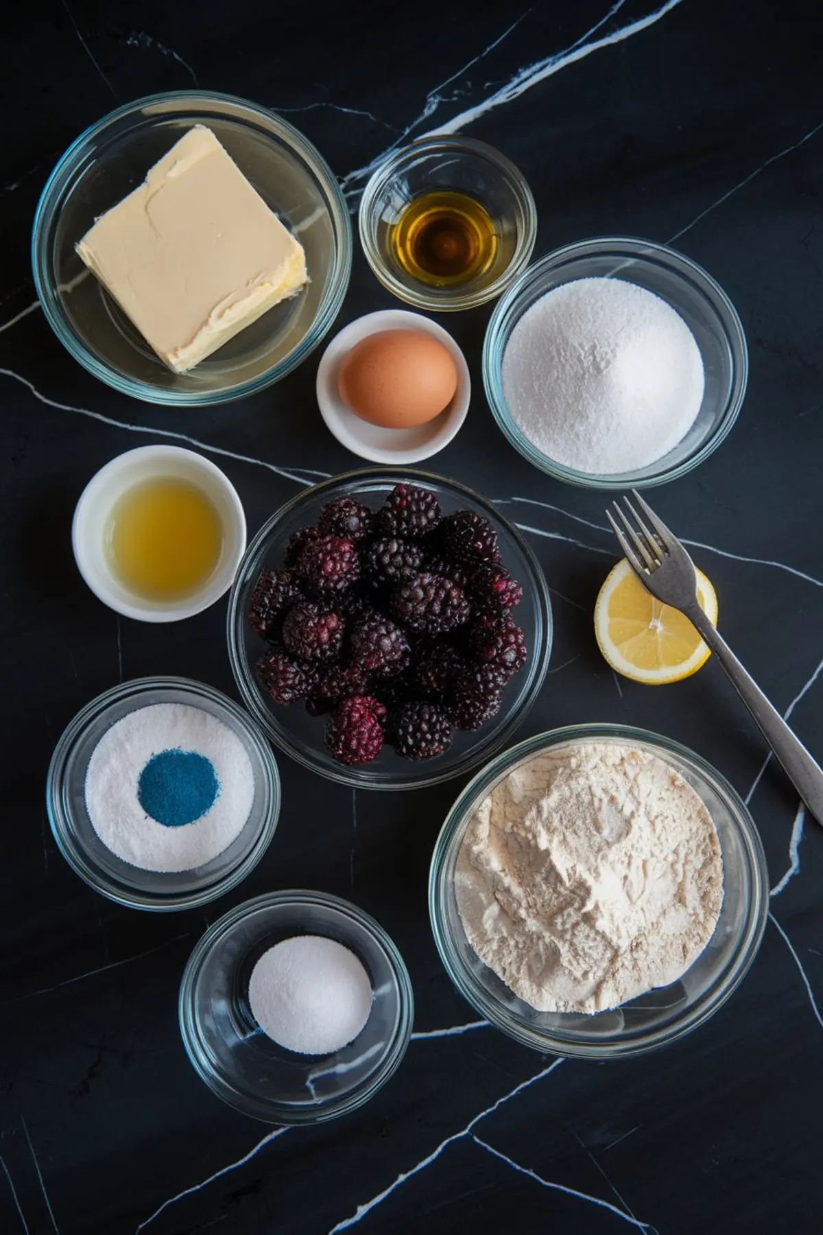 Flat lay of ingredients for blackberry cookies, including butter, egg, sugar, flour, fresh blackberries, lemon juice, vanilla extract, and blue food powder, arranged in clear bowls on a dark marble countertop.