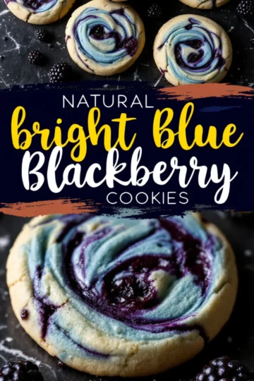Natural bright blue blackberry cookies with vivid blue and purple swirls, surrounded by fresh blackberries on a dark background. The bold colors and juicy berry bursts create an eye-catching, delicious presentation.
