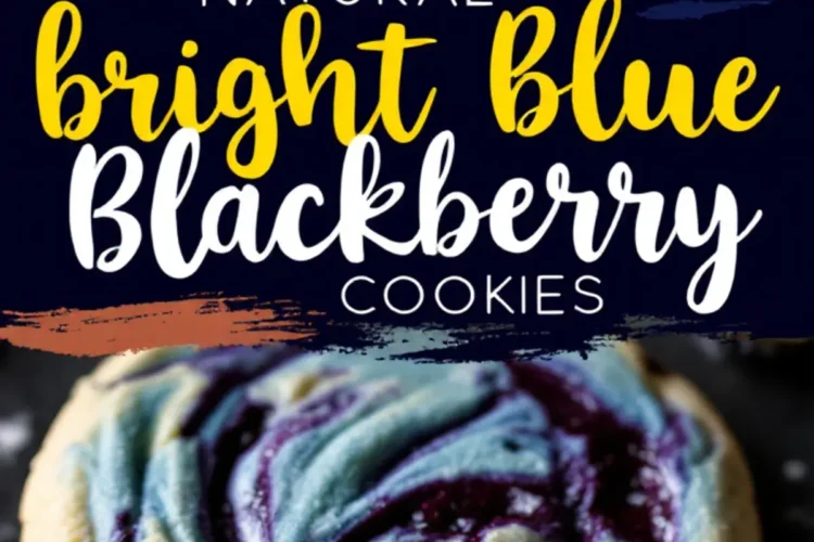 Natural bright blue blackberry cookies with vivid blue and purple swirls, surrounded by fresh blackberries on a dark background. The bold colors and juicy berry bursts create an eye-catching, delicious presentation.