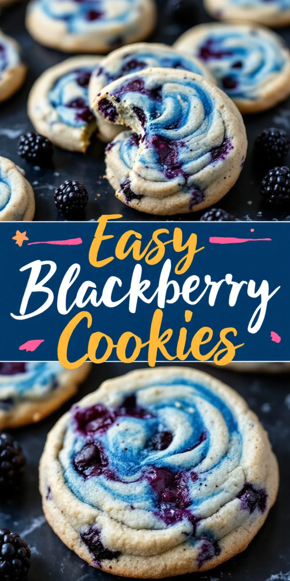 Close-up of easy blackberry cookies with vibrant blue and purple swirls, surrounded by fresh blackberries on a dark background. One cookie has a bite taken out, showing a soft and chewy texture.