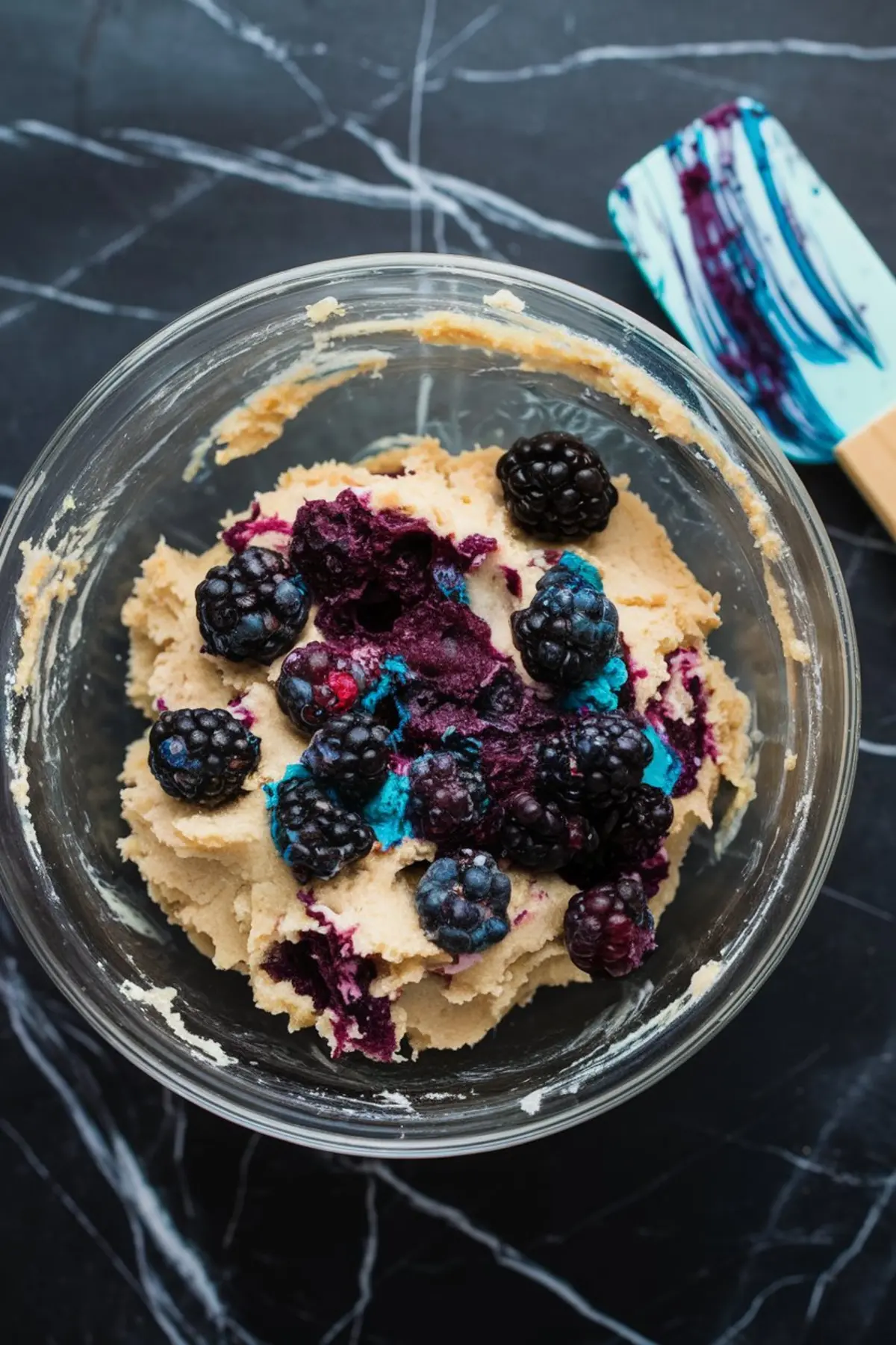 Unmixed cookie dough with fresh blackberries and vibrant blue food coloring in a glass bowl, ready to be blended. A blue and purple-streaked spatula lies beside the bowl on a dark marble surface.