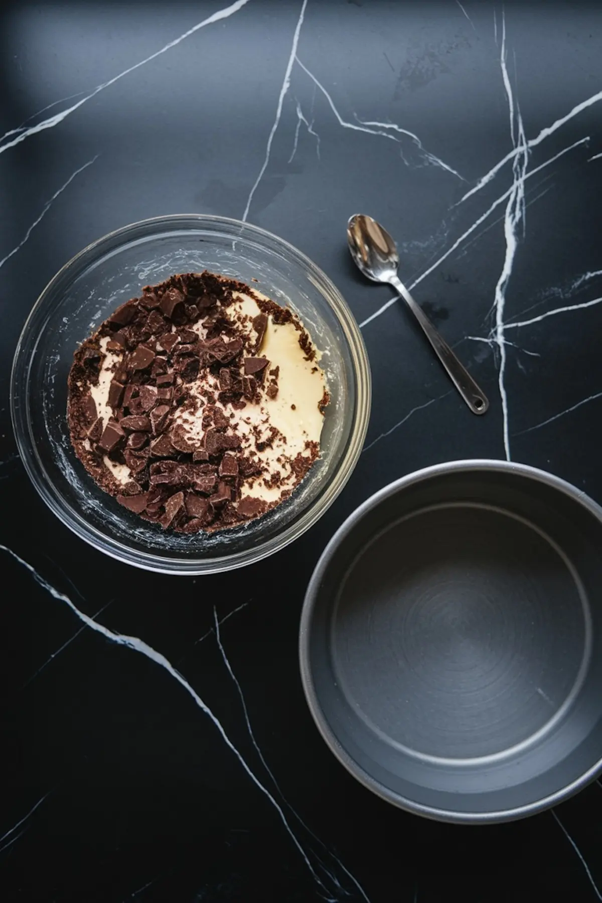 A glass mixing bowl containing cheesecake batter with chopped chocolate folded in. A metal spoon rests beside the bowl on a dark marble surface. An empty round cake pan sits nearby, ready for the mixture.