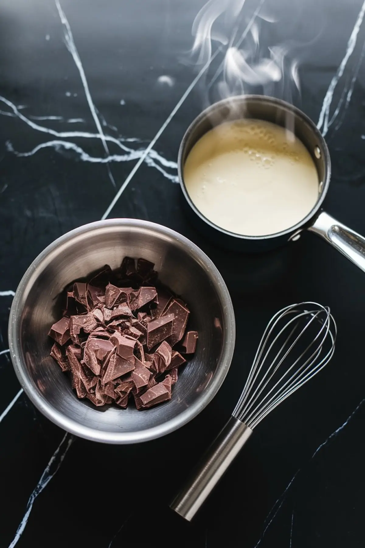 A stainless steel bowl filled with chopped chocolate sits beside a saucepan of steaming cream, ready to be mixed for ganache. A metal whisk rests on the dark marble surface, positioned for stirring the melted chocolate mixture.