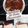 A collage featuring a full view of a chocolate no-bake cheesecake with a removed slice, plus two close-up shots of individual slices on white plates. The cheesecake has a creamy white filling, a dark chocolate crust, and a glossy ganache layer. The text overlay reads “Chocolate No-Bake Cheesecake” in a stylish handwritten font.