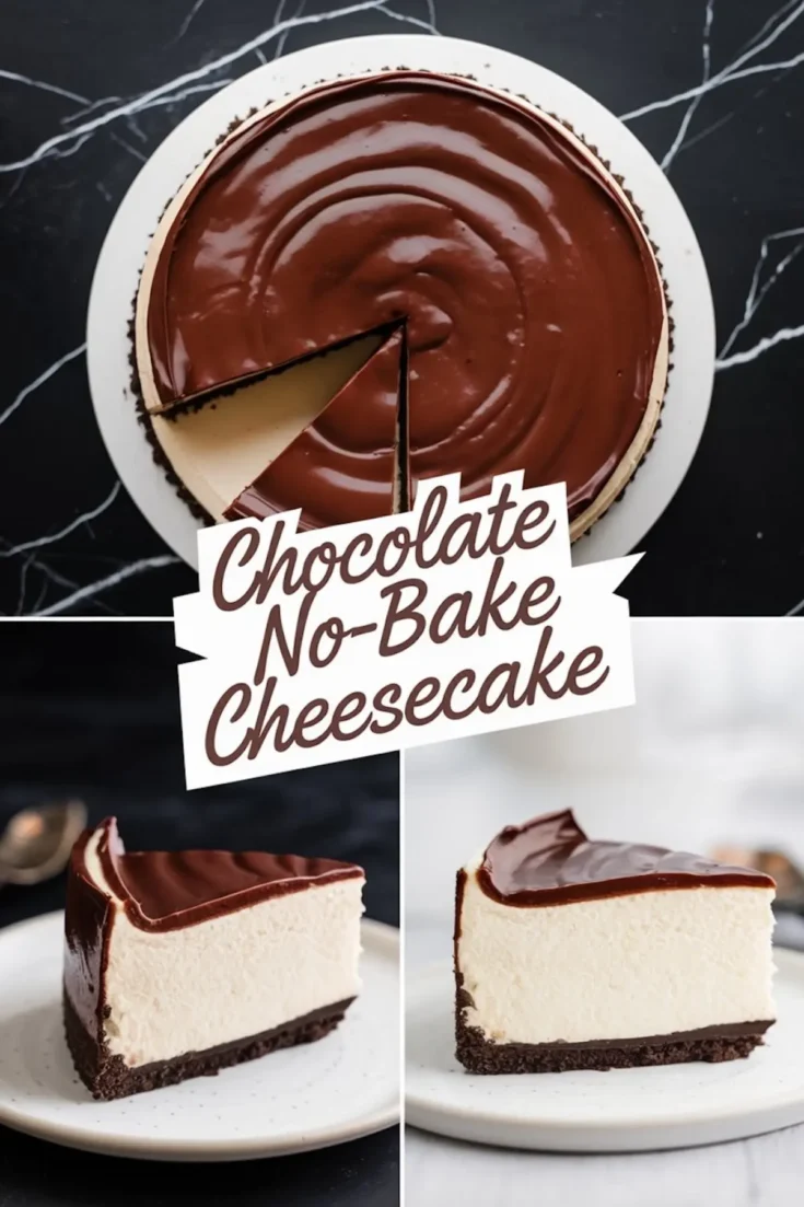 A collage featuring a full view of a chocolate no-bake cheesecake with a removed slice, plus two close-up shots of individual slices on white plates. The cheesecake has a creamy white filling, a dark chocolate crust, and a glossy ganache layer. The text overlay reads “Chocolate No-Bake Cheesecake” in a stylish handwritten font.