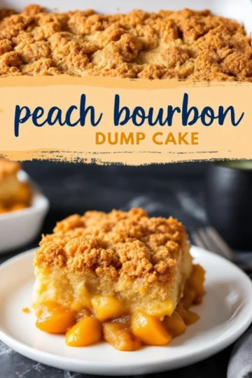 A golden-brown peach bourbon dump cake with a crumbly topping is served on a white plate, revealing a gooey peach filling. The background features a dark countertop, with a blurred cup and fork. A bold text overlay in blue and orange highlights the dessert name.