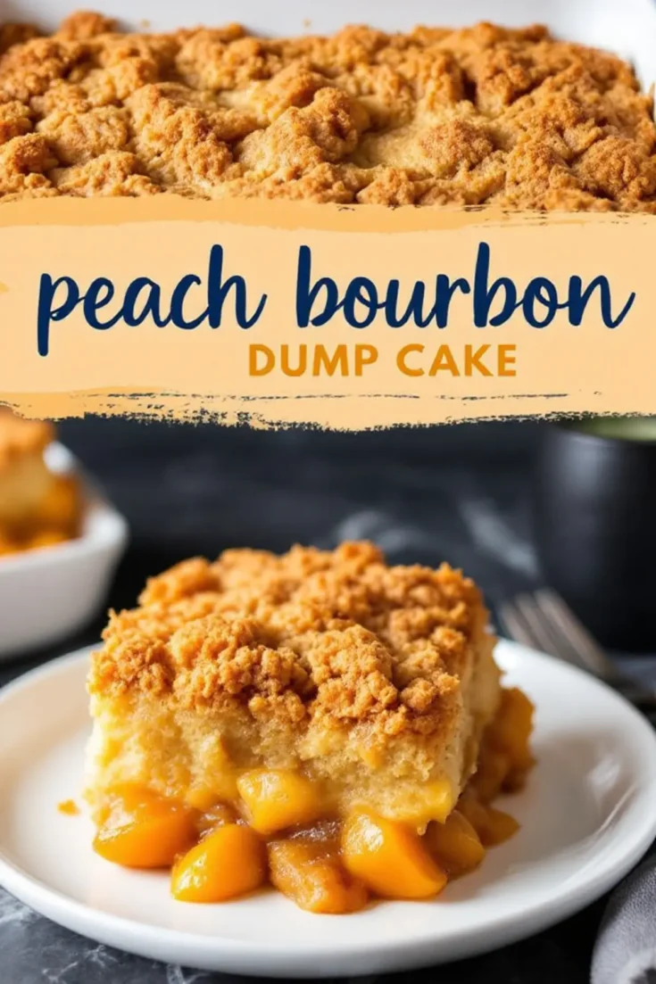 A golden-brown peach bourbon dump cake with a crumbly topping is served on a white plate, revealing a gooey peach filling. The background features a dark countertop, with a blurred cup and fork. A bold text overlay in blue and orange highlights the dessert name.
