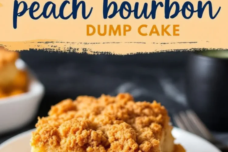 A golden-brown peach bourbon dump cake with a crumbly topping is served on a white plate, revealing a gooey peach filling. The background features a dark countertop, with a blurred cup and fork. A bold text overlay in blue and orange highlights the dessert name.
