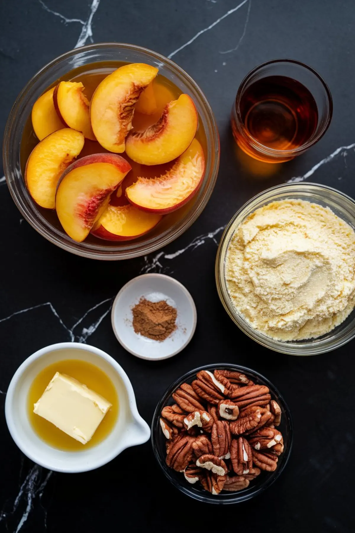 A flat-lay display of ingredients for peach bourbon dump cake on a black marble countertop. Fresh peach slices in syrup, a small glass of bourbon, melted butter, pecans, cinnamon, and dry cake mix are arranged in bowls and plates.