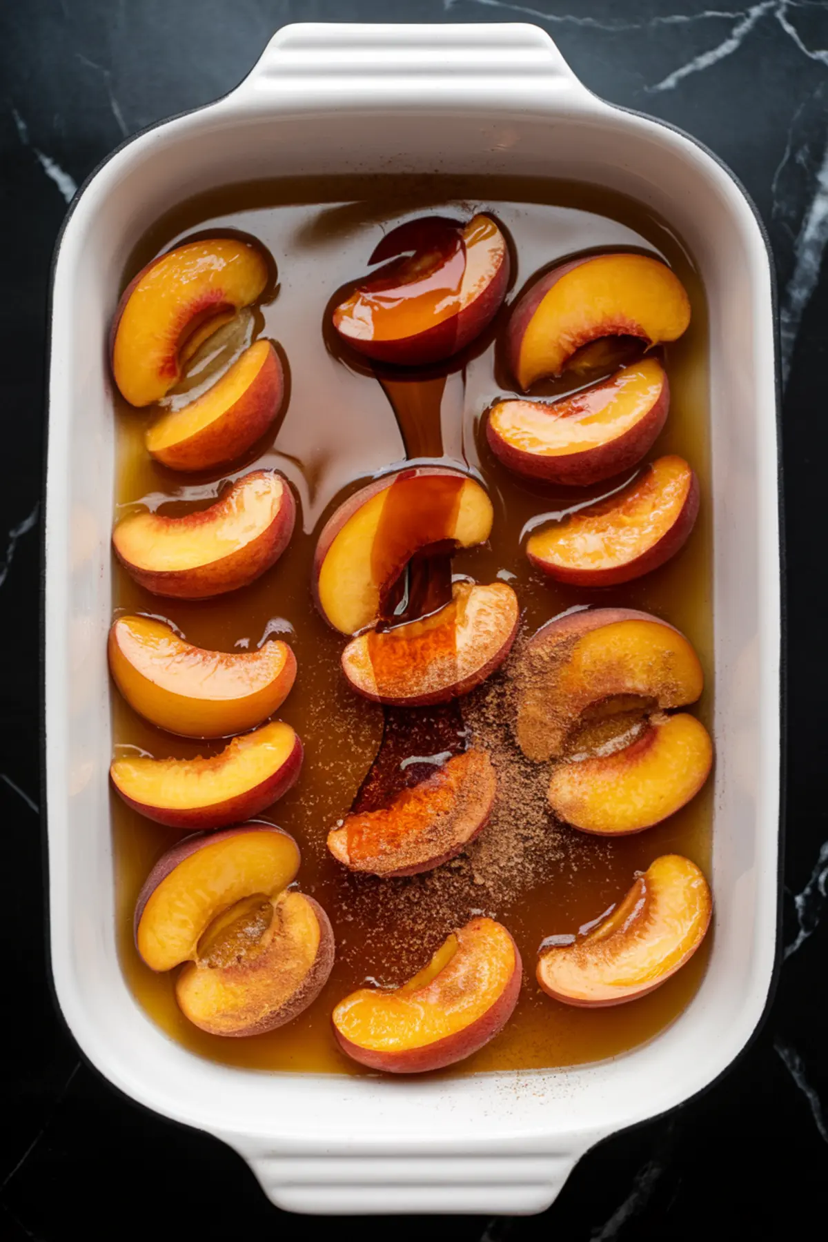 A white baking dish filled with fresh peach slices, cinnamon, and bourbon, ready for baking. The liquid mixture at the bottom creates a glossy surface, highlighting the deep golden hues of the peaches.