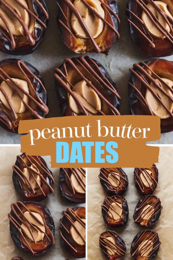 Collage of close-up shots of peanut butter-stuffed dates drizzled with dark chocolate. The text overlay in bold brown letters states “Peanut Butter Dates” on a soft beige background.