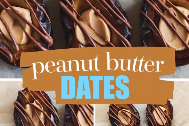 Collage of close-up shots of peanut butter-stuffed dates drizzled with dark chocolate. The text overlay in bold brown letters states “Peanut Butter Dates” on a soft beige background.