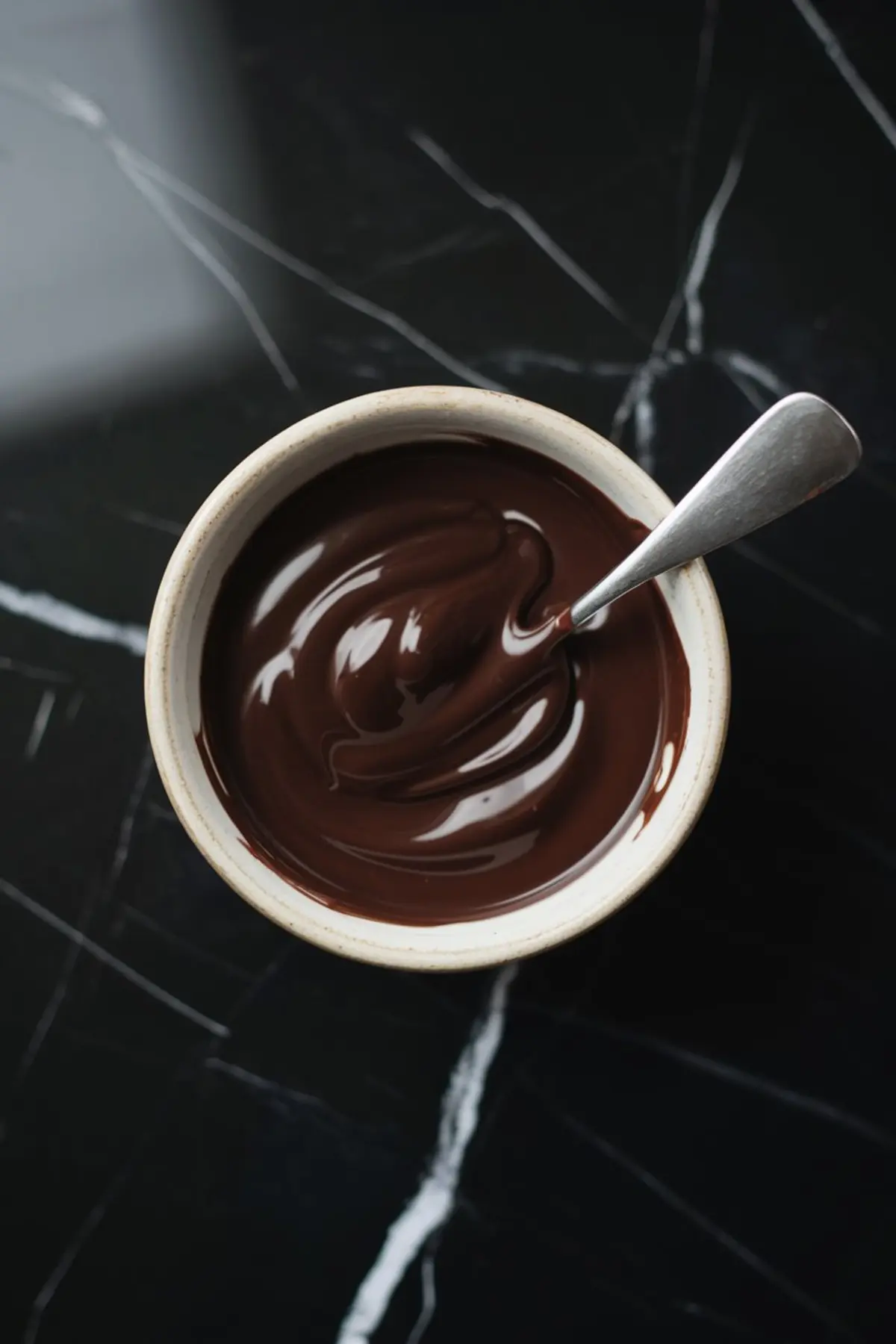Small ceramic bowl filled with smooth, melted dark chocolate, with a spoon partially submerged, set on a black marble surface.