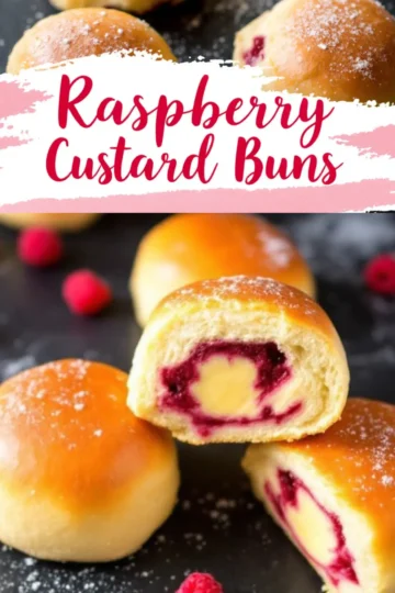 Collage featuring raspberry custard buns with shiny, golden-brown tops and a soft, fluffy interior filled with rich custard and raspberry jam. Fresh raspberries are scattered around on a dark surface. The text “Raspberry Custard Buns” appears in bold red script on a white and pink brushstroke background.