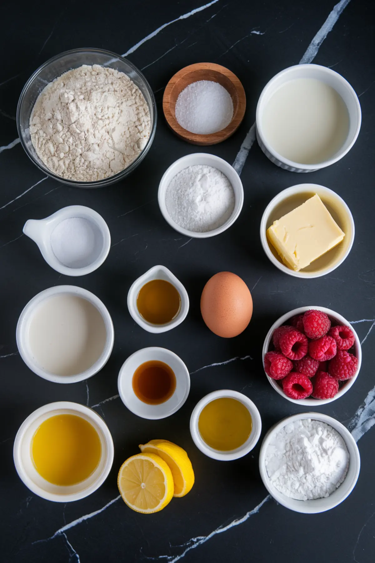Flat lay of ingredients for raspberry custard buns on a black marble surface, including flour, sugar, milk, butter, egg, fresh raspberries, lemon slices, vanilla extract, and other baking essentials organized in small bowls.