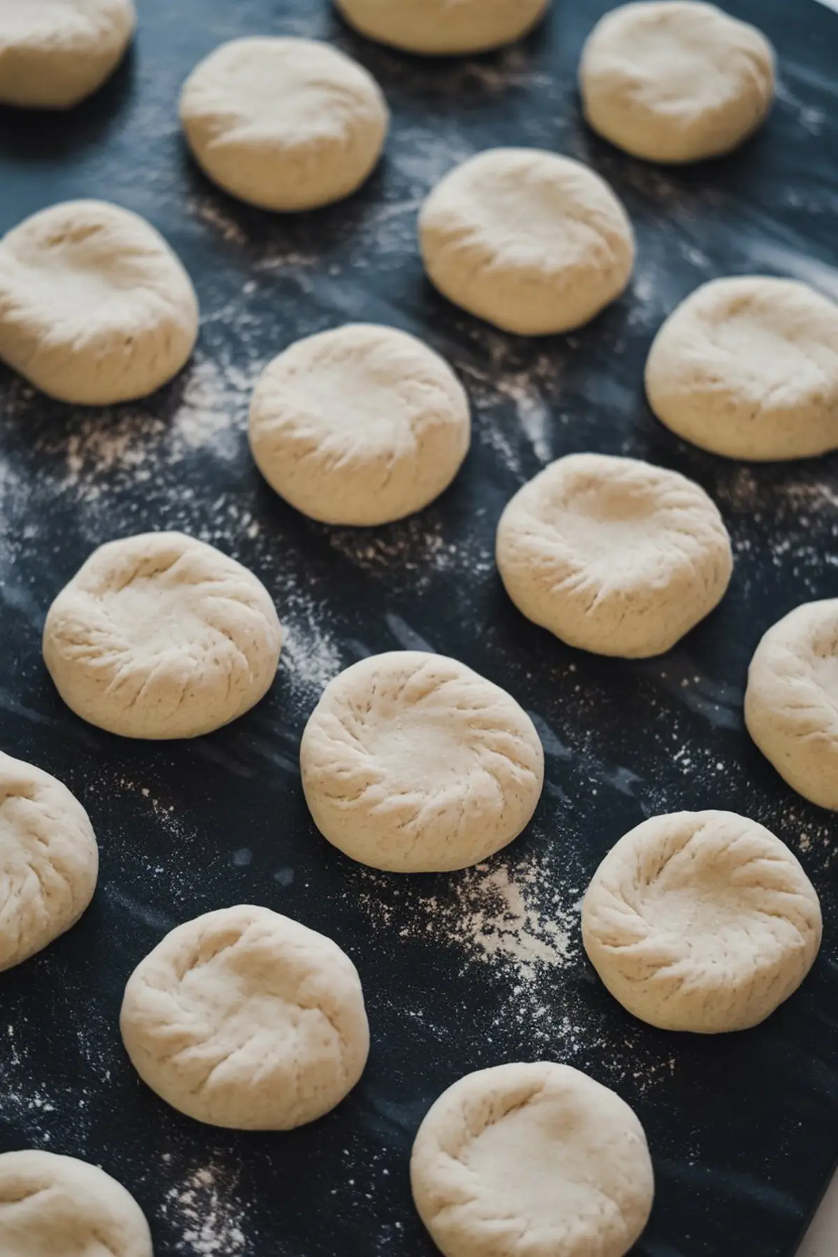 Dough portions for raspberry custard buns arranged on a floured dark surface, shaped into round disks with slight indentations, ready for filling and baking.