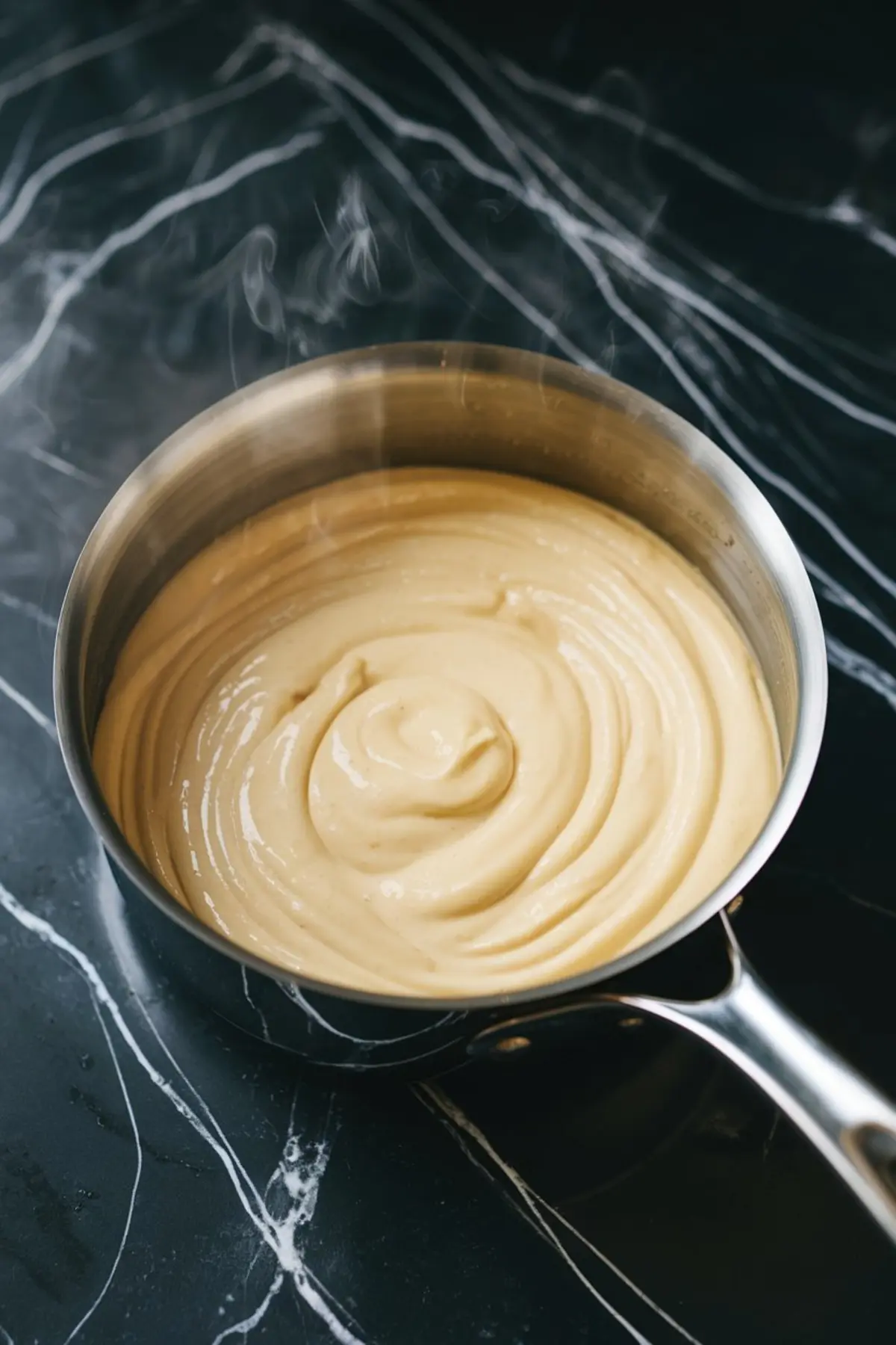 Saucepan with smooth, creamy custard filling for raspberry buns, still steaming hot, on a dark marble countertop, showcasing its glossy texture and rich consistency.