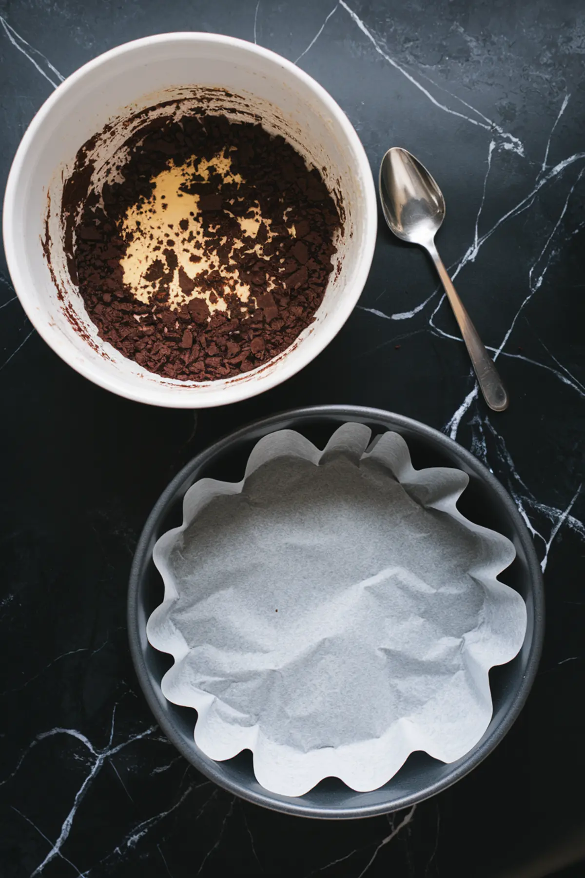 A white mixing bowl with crushed chocolate cookie crumbs and melted butter sits on a black marble countertop. A silver spoon rests beside it. Below, a round baking pan is lined with crinkled parchment paper, ready for a cheesecake crust.