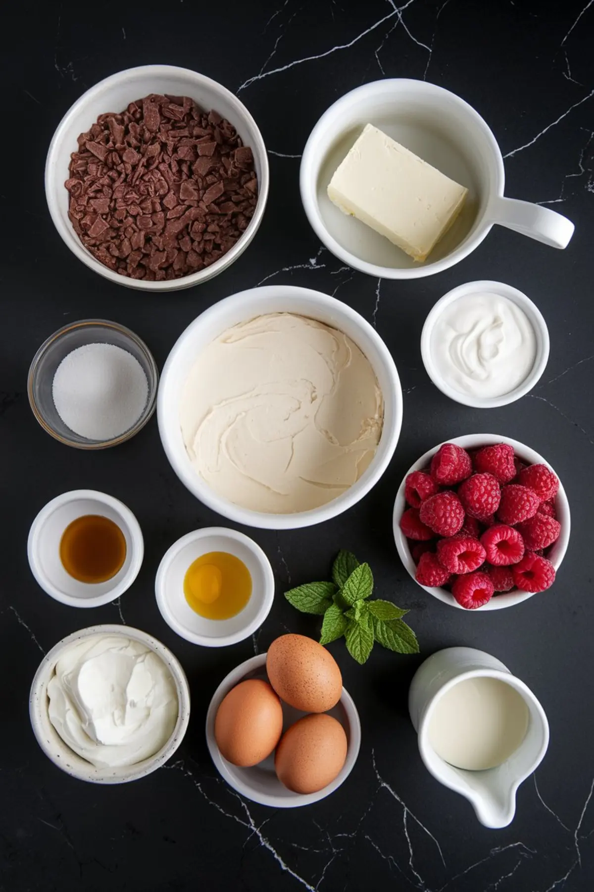 A flat lay of cheesecake ingredients on a black marble background. Ingredients include cream cheese, white chocolate, raspberries, eggs, sour cream, vanilla extract, and chocolate cookie crumbs, all arranged in small bowls and cups.