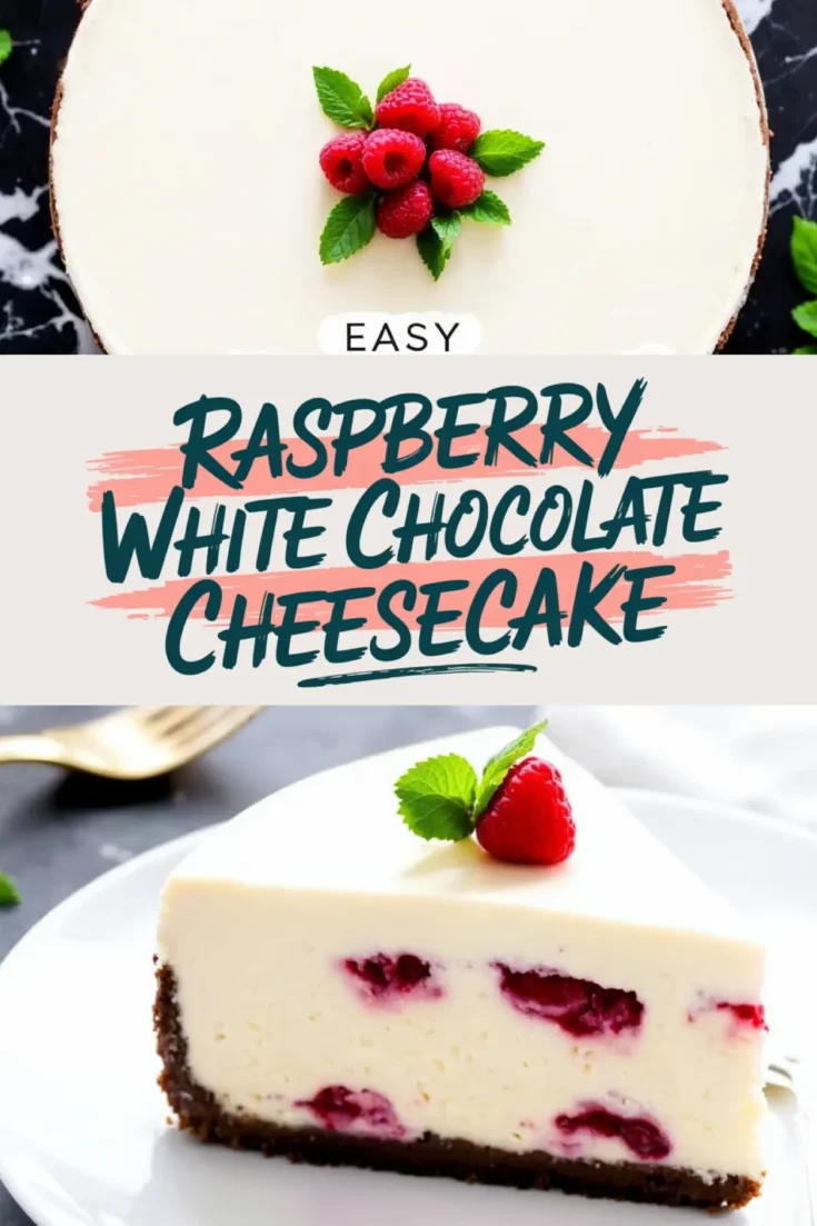 A top-down view of a full raspberry white chocolate cheesecake with a raspberry garnish and mint. The bottom half showcases a plated slice with a chocolate crust and raspberry-studded filling. The text overlay describes the dessert.
