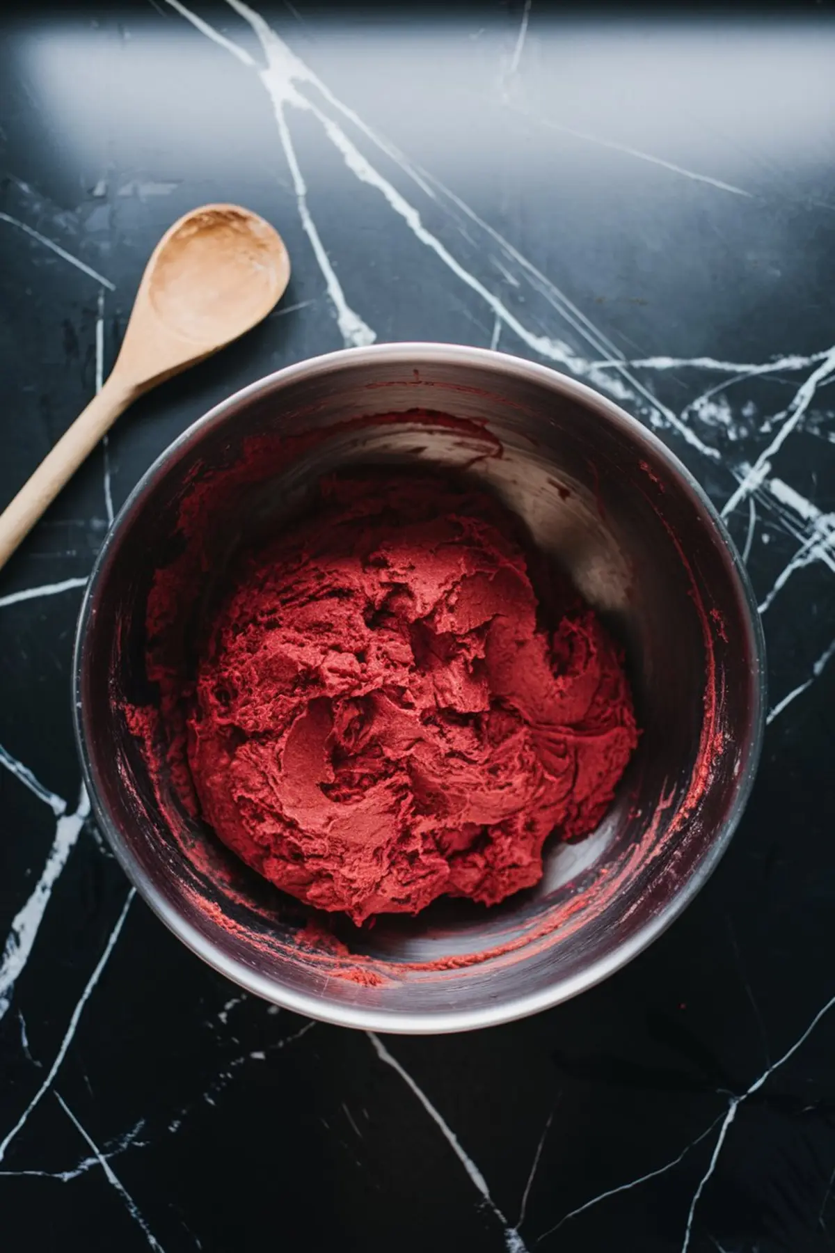 A stainless steel mixing bowl filled with deep red velvet dough sits on a black marble countertop with white veining. A wooden spoon with traces of dough rests nearby, suggesting the process of making homemade red velvet cinnamon rolls.