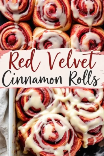 A collage of golden-brown red velvet cinnamon rolls in a white baking dish, covered in a thick layer of melted cream cheese glaze. The words “Red Velvet Cinnamon Rolls” are displayed in a playful yet sophisticated script, adding a cozy and indulgent feel to the image.
