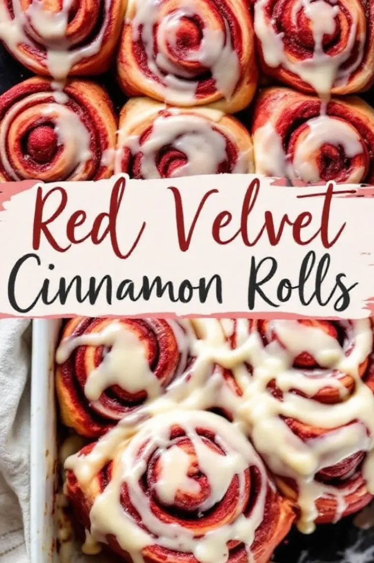 A collage of golden-brown red velvet cinnamon rolls in a white baking dish, covered in a thick layer of melted cream cheese glaze. The words “Red Velvet Cinnamon Rolls” are displayed in a playful yet sophisticated script, adding a cozy and indulgent feel to the image.