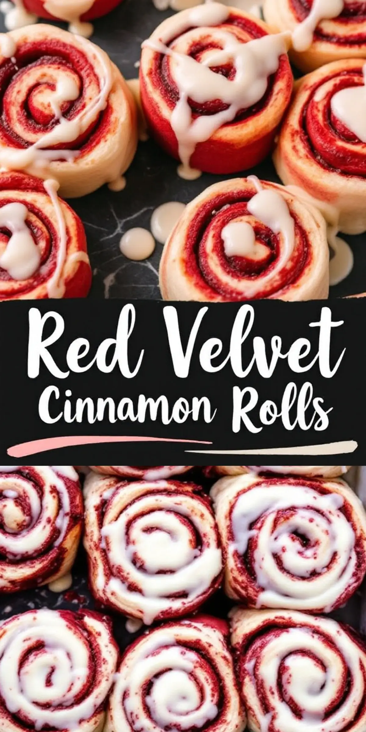A collage showcasing close-up shots of red velvet cinnamon rolls with a vibrant red and white contrast, generously drizzled with cream cheese icing. A bold yet elegant typography overlay spells out “Red Velvet Cinnamon Rolls,” making the image eye-catching and perfect for recipe inspiration.